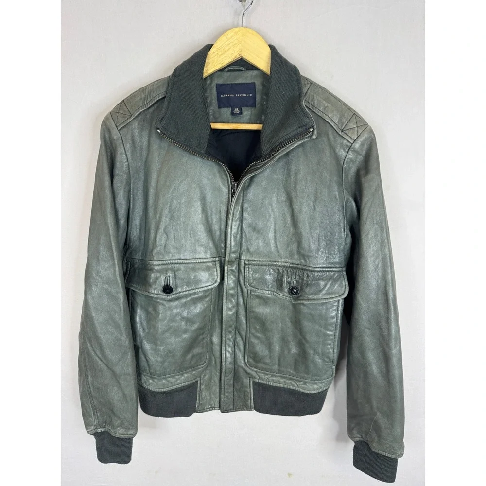 VIntage Banana‎ Republic Mens Leather Bomber Jacket Sage Green Grey S Full Zip